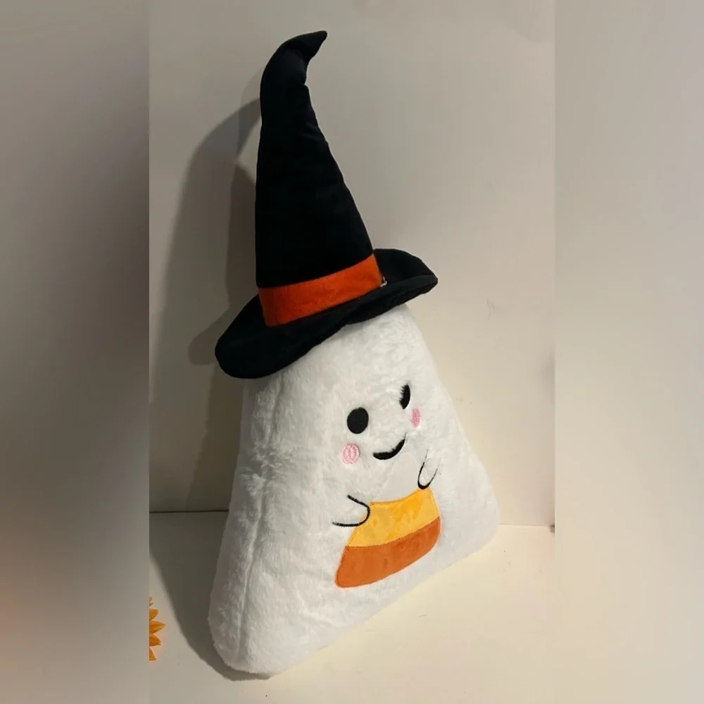 Halloween Candy Corn Ghost Throw Pillow Plush with Witch Hat New